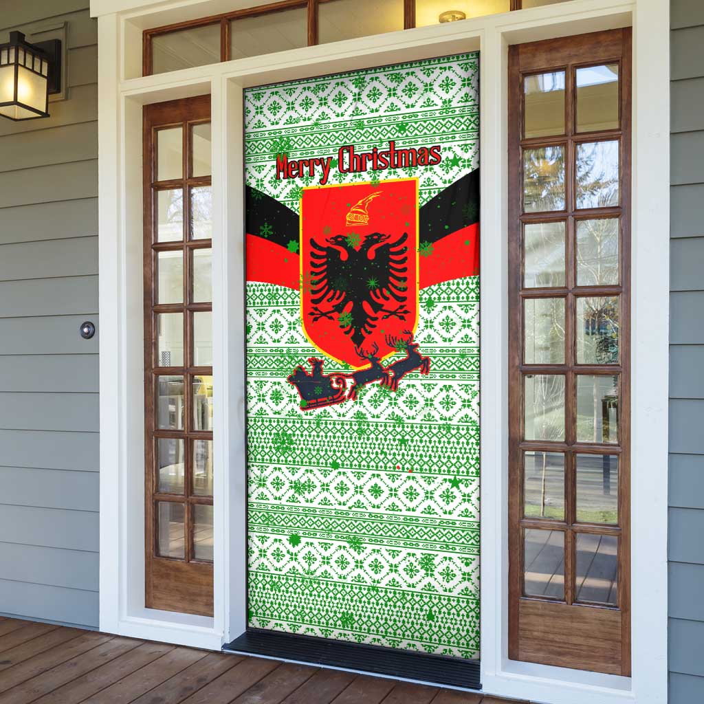 Albania Christmas Door Cover with Green-Red Design, Double-Headed Eagle Emblem, and Santa Motif - Wonder Print Shop
