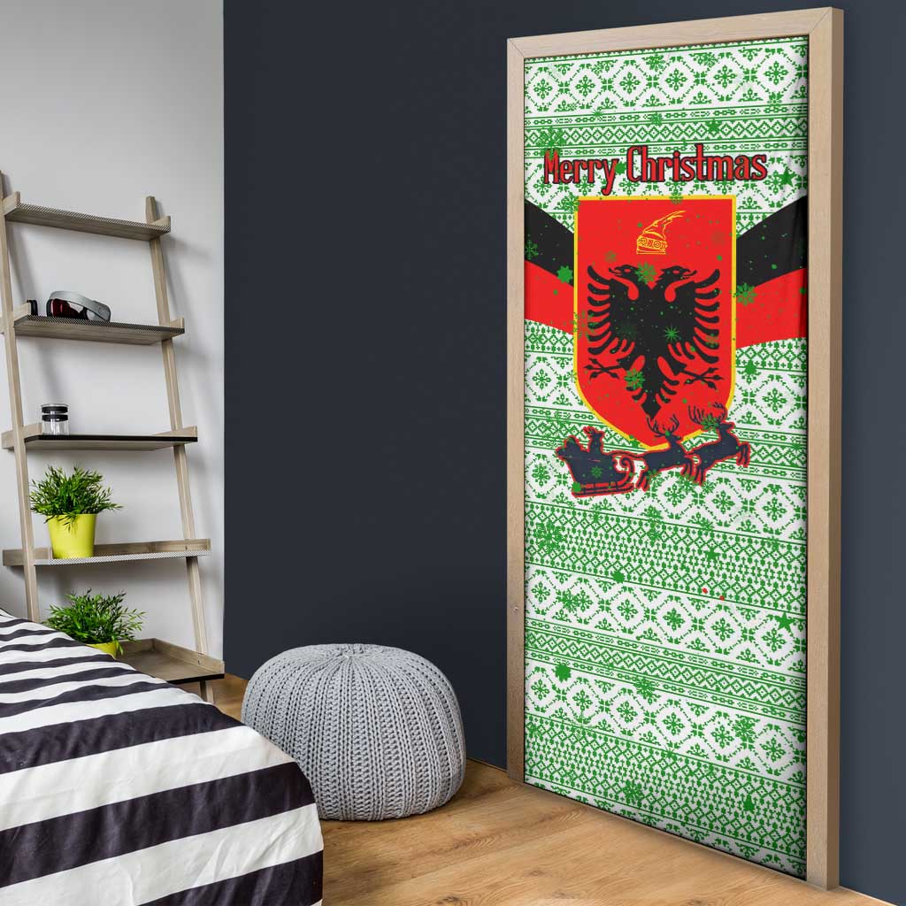 Albania Christmas Door Cover with Green-Red Design, Double-Headed Eagle Emblem, and Santa Motif - Wonder Print Shop