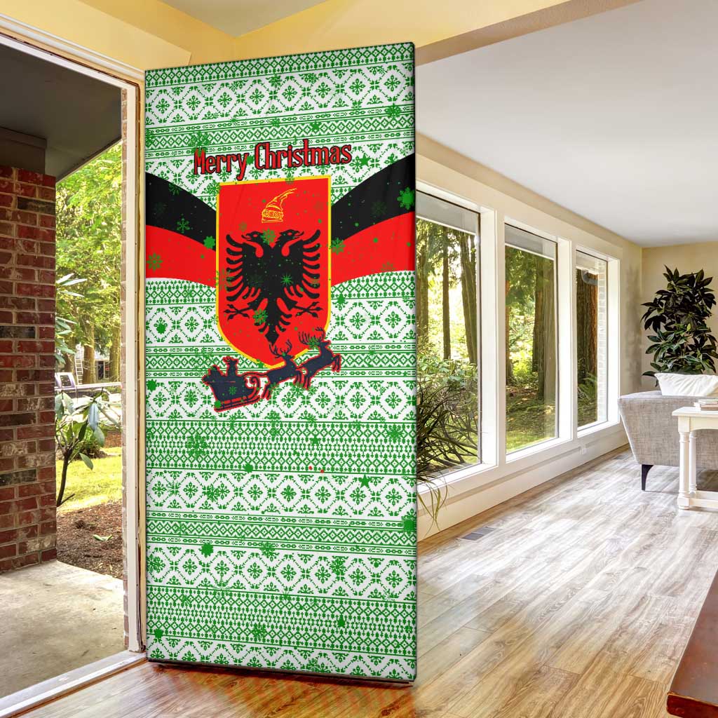 Albania Christmas Door Cover with Green-Red Design, Double-Headed Eagle Emblem, and Santa Motif - Wonder Print Shop