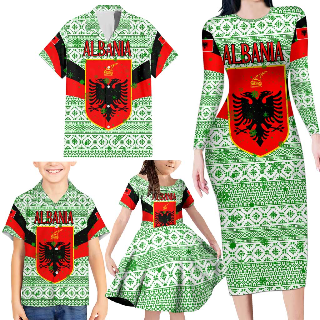 Albania Christmas Family Matching Long Sleeve Bodycon Dress and Hawaiian Shirt with Green-Red Design, Double-Headed Eagle Emblem, and Santa Motif - Wonder Print Shop