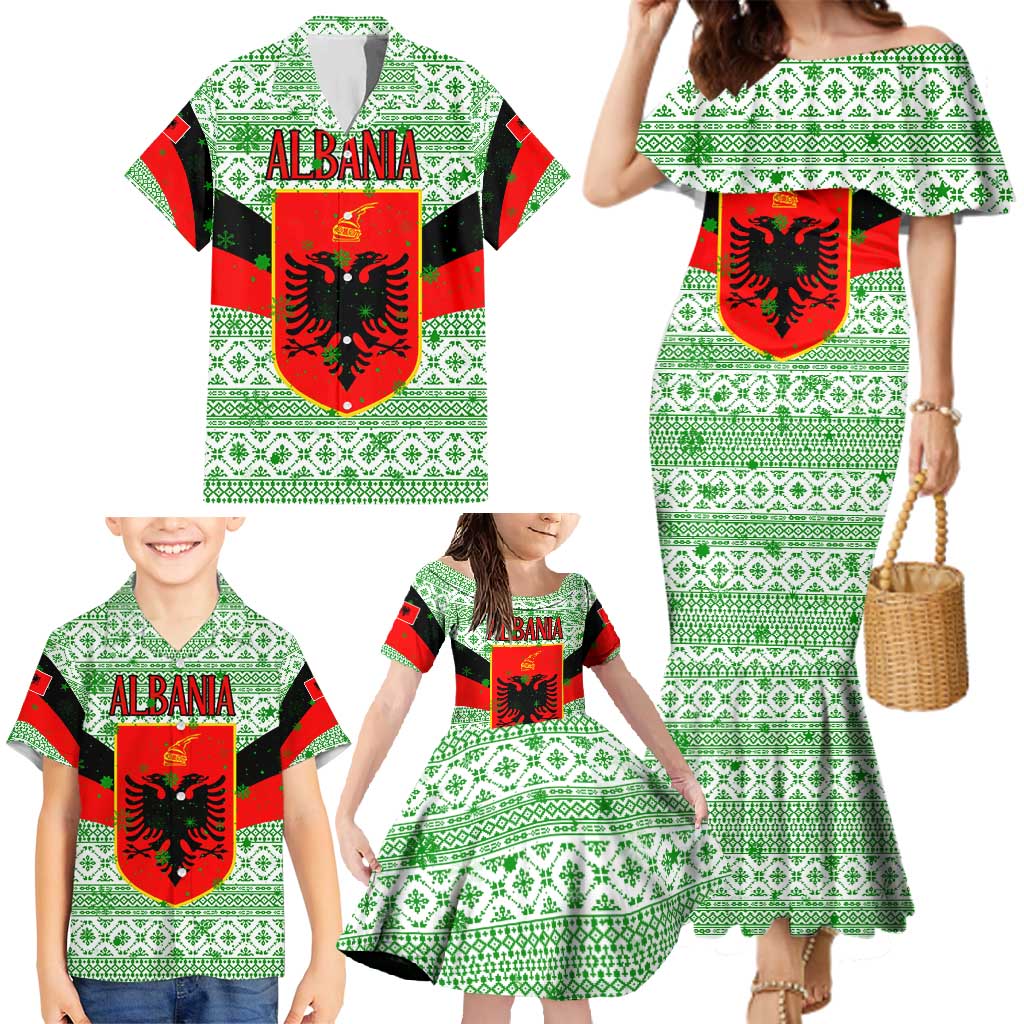 Albania Christmas Family Matching Mermaid Dress and Hawaiian Shirt with Green-Red Design, Double-Headed Eagle Emblem, and Santa Motif - Wonder Print Shop