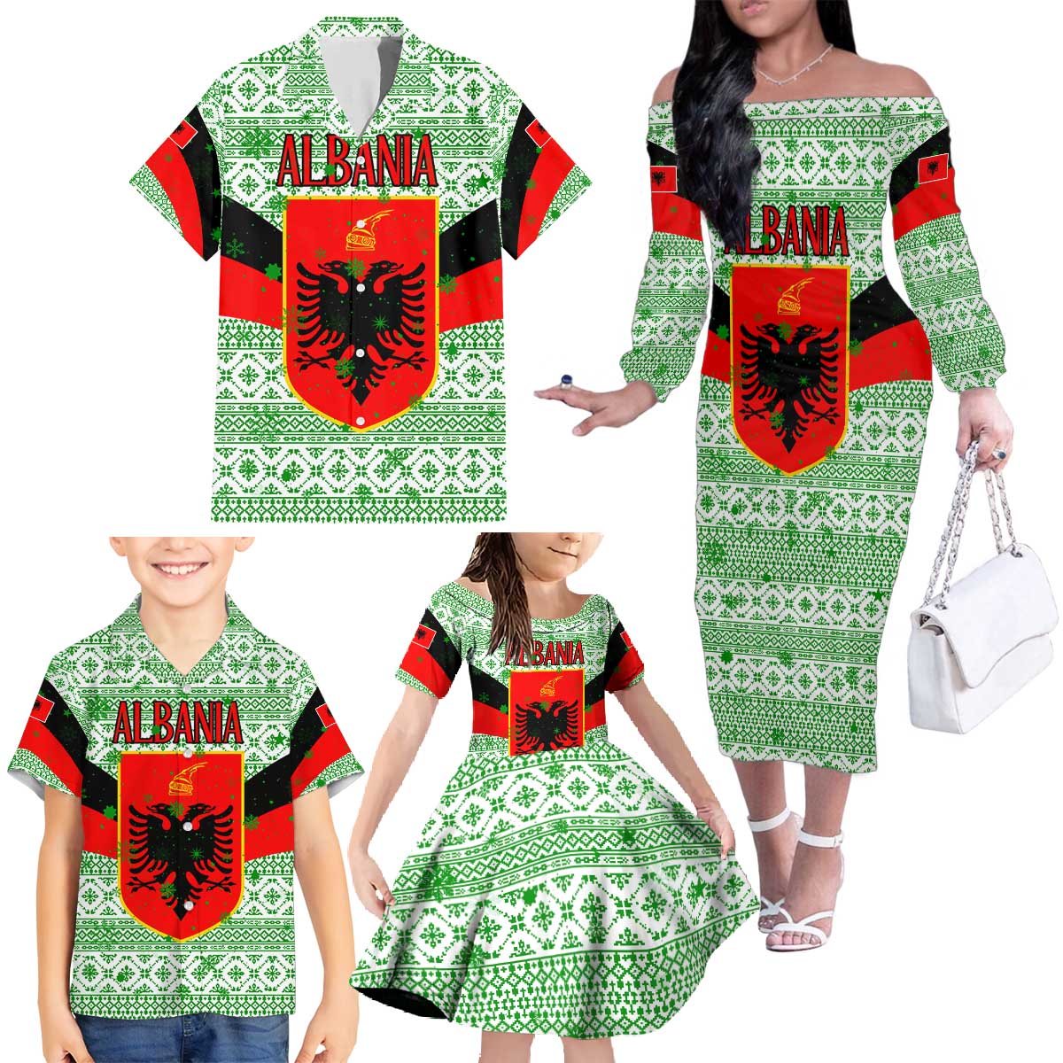 Albania Christmas Family Matching Off The Shoulder Long Sleeve Dress and Hawaiian Shirt with Green-Red Design, Double-Headed Eagle Emblem, and Santa Motif - Wonder Print Shop