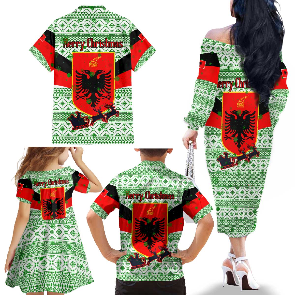 Albania Christmas Family Matching Off The Shoulder Long Sleeve Dress and Hawaiian Shirt with Green-Red Design, Double-Headed Eagle Emblem, and Santa Motif - Wonder Print Shop