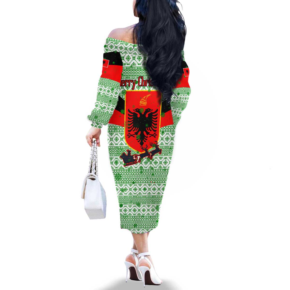 Albania Christmas Family Matching Off The Shoulder Long Sleeve Dress and Hawaiian Shirt with Green-Red Design, Double-Headed Eagle Emblem, and Santa Motif - Wonder Print Shop