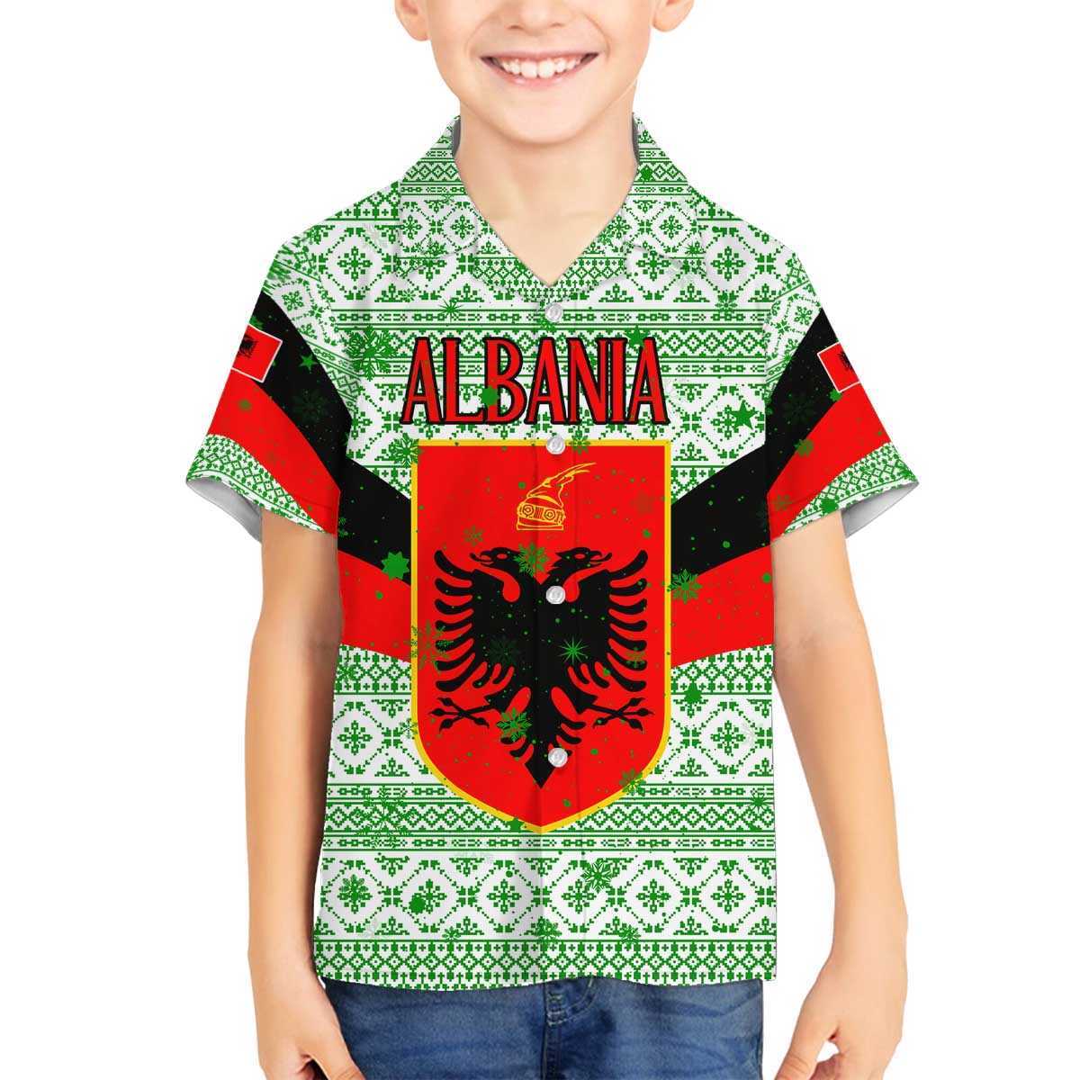 Albania Christmas Family Matching Off The Shoulder Long Sleeve Dress and Hawaiian Shirt with Green-Red Design, Double-Headed Eagle Emblem, and Santa Motif - Wonder Print Shop
