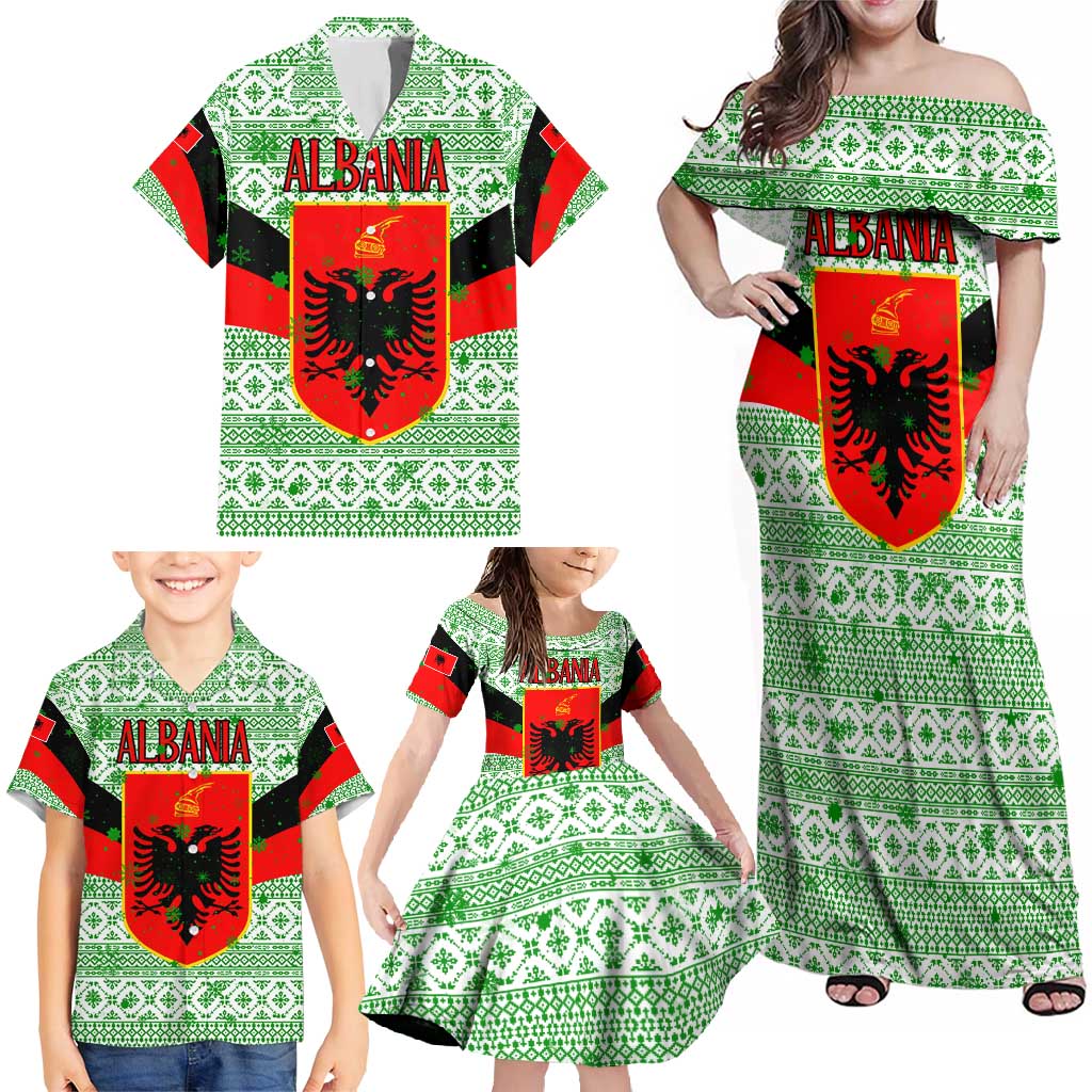 Albania Christmas Family Matching Off Shoulder Maxi Dress and Hawaiian Shirt with Green-Red Design, Double-Headed Eagle Emblem, and Santa Motif - Wonder Print Shop