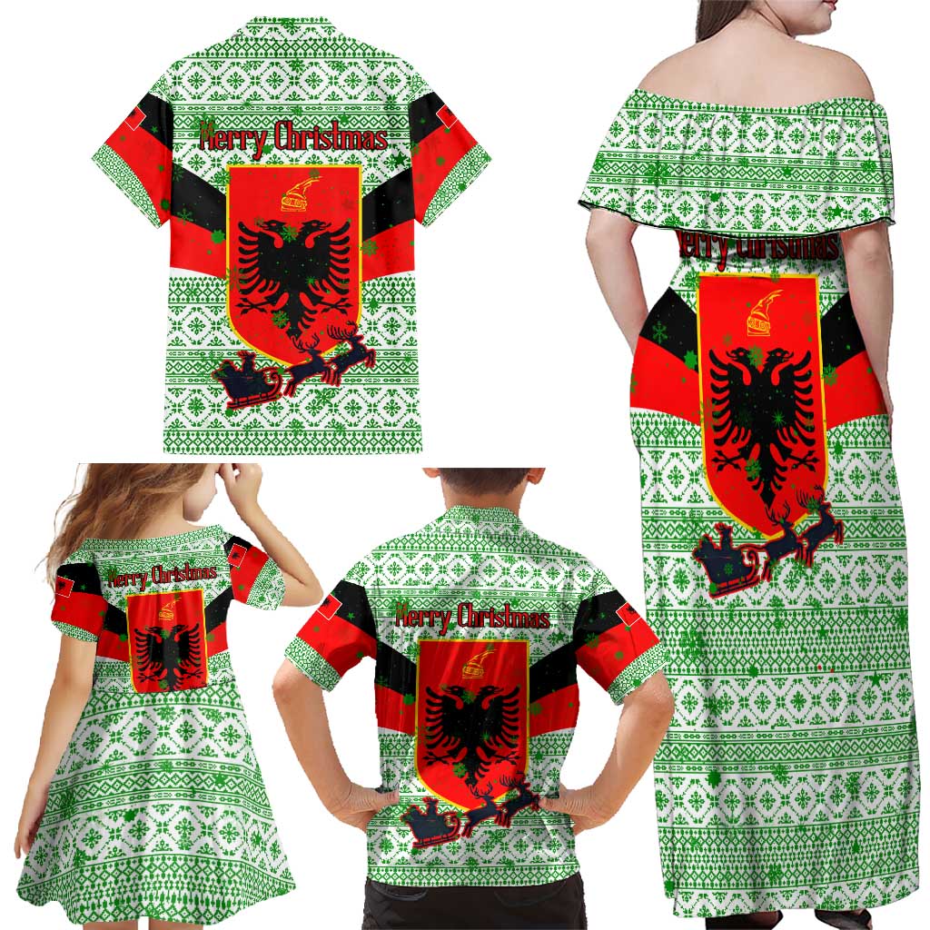 Albania Christmas Family Matching Off Shoulder Maxi Dress and Hawaiian Shirt with Green-Red Design, Double-Headed Eagle Emblem, and Santa Motif - Wonder Print Shop