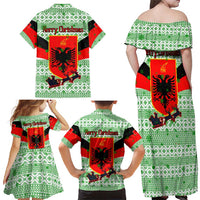 Albania Christmas Family Matching Off Shoulder Maxi Dress and Hawaiian Shirt with Green-Red Design, Double-Headed Eagle Emblem, and Santa Motif - Wonder Print Shop