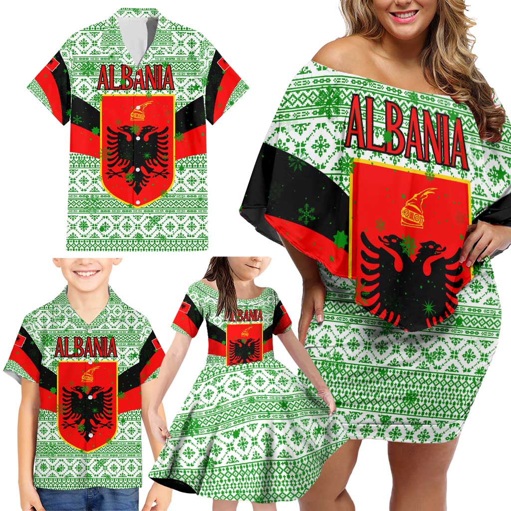 Albania Christmas Family Matching Off Shoulder Short Dress and Hawaiian Shirt with Green-Red Design, Double-Headed Eagle Emblem, and Santa Motif - Wonder Print Shop