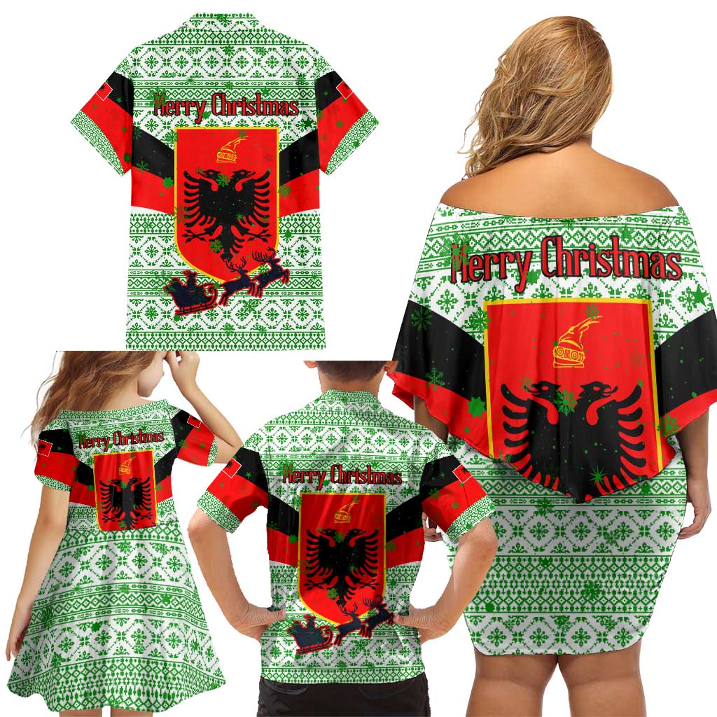 Albania Christmas Family Matching Off Shoulder Short Dress and Hawaiian Shirt with Green-Red Design, Double-Headed Eagle Emblem, and Santa Motif - Wonder Print Shop