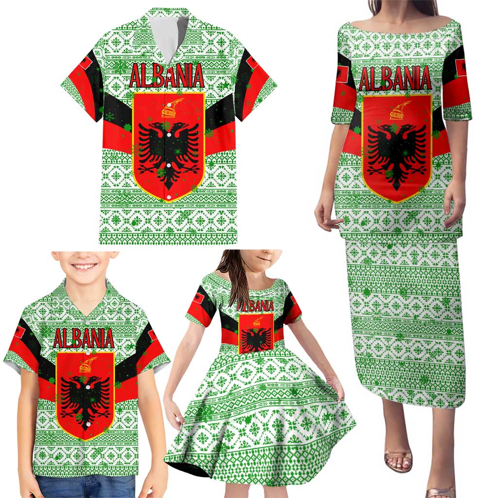 Albania Christmas Family Matching Puletasi and Hawaiian Shirt with Green-Red Design, Double-Headed Eagle Emblem, and Santa Motif - Wonder Print Shop