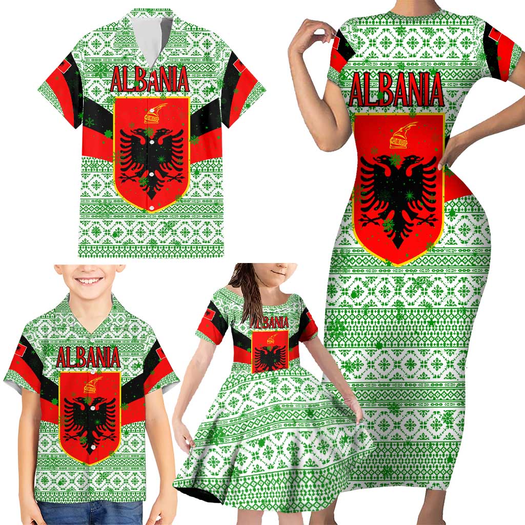 Albania Christmas Family Matching Short Sleeve Bodycon Dress and Hawaiian Shirt with Green-Red Design, Double-Headed Eagle Emblem, and Santa Motif - Wonder Print Shop
