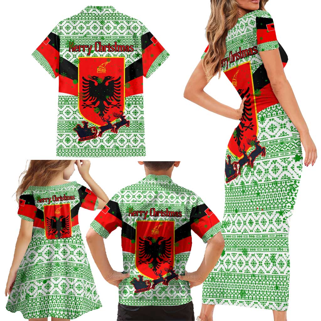 Albania Christmas Family Matching Short Sleeve Bodycon Dress and Hawaiian Shirt with Green-Red Design, Double-Headed Eagle Emblem, and Santa Motif - Wonder Print Shop