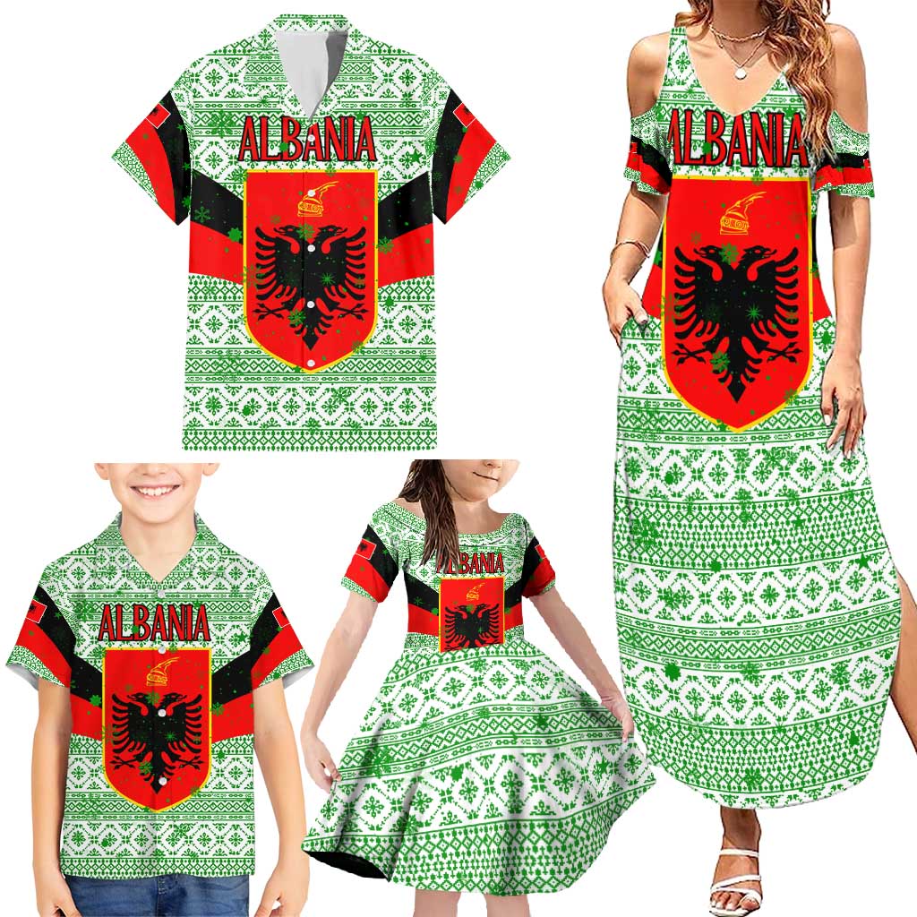 Albania Christmas Family Matching Summer Maxi Dress and Hawaiian Shirt with Green-Red Design, Double-Headed Eagle Emblem, and Santa Motif - Wonder Print Shop