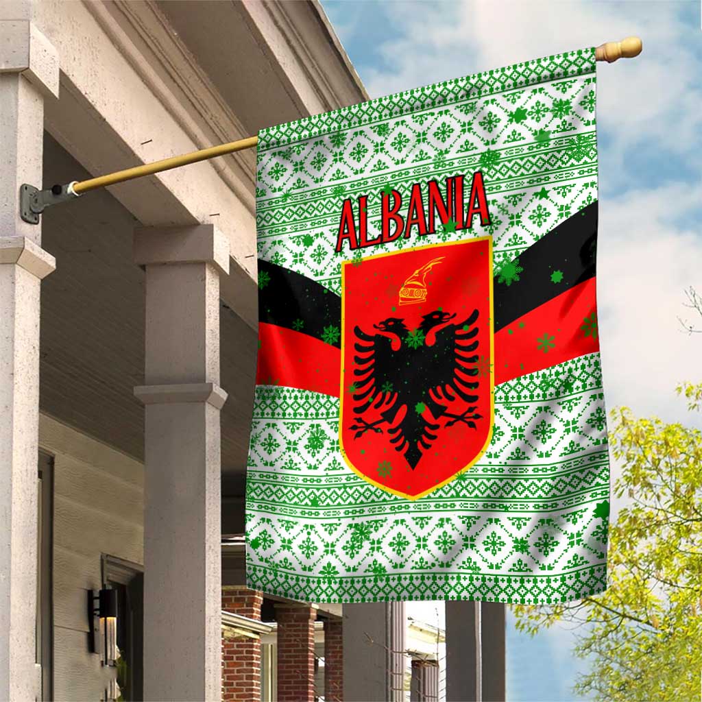 Albania Christmas Garden Flag with Green-Red Design, Double-Headed Eagle Emblem, and Santa Motif - Wonder Print Shop