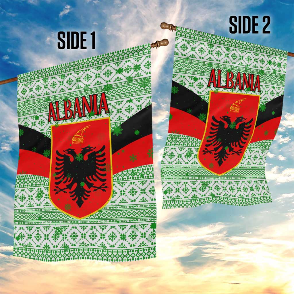 Albania Christmas Garden Flag with Green-Red Design, Double-Headed Eagle Emblem, and Santa Motif - Wonder Print Shop