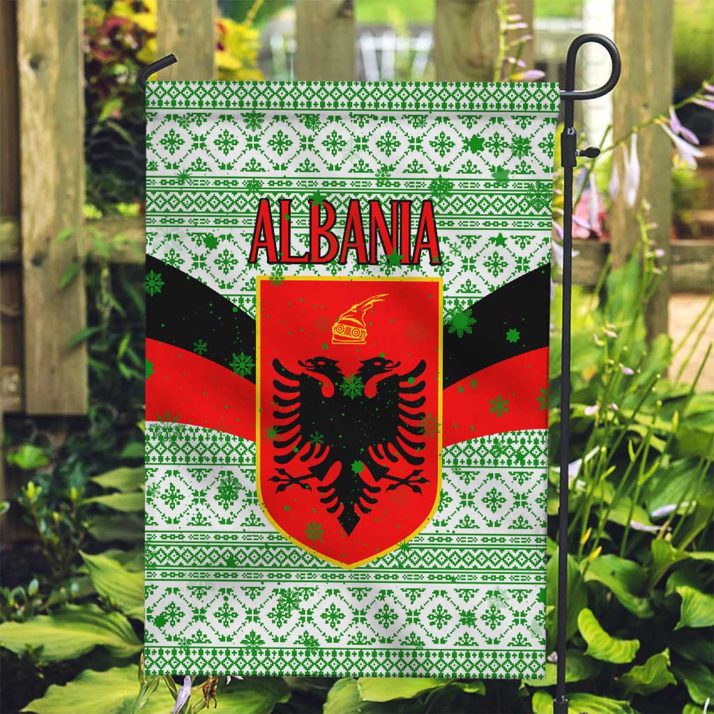 Albania Christmas Garden Flag with Green-Red Design, Double-Headed Eagle Emblem, and Santa Motif - Wonder Print Shop