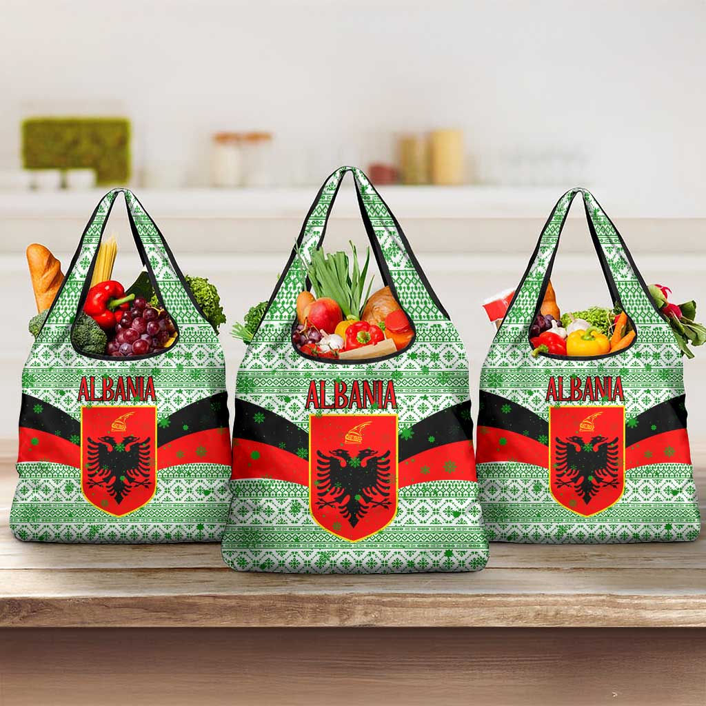 Albania Christmas Grocery Bag with Green-Red Design, Double-Headed Eagle Emblem, and Santa Motif - Wonder Print Shop