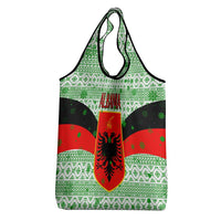 Albania Christmas Grocery Bag with Green-Red Design, Double-Headed Eagle Emblem, and Santa Motif - Wonder Print Shop