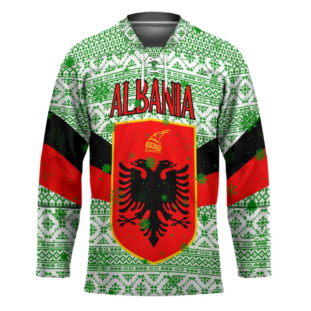 Albania Christmas Hockey Jersey with Green-Red Design, Double-Headed Eagle Emblem, and Santa Motif - Wonder Print Shop