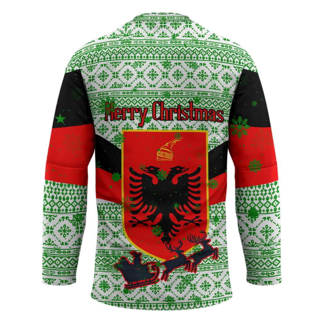 Albania Christmas Hockey Jersey with Green-Red Design, Double-Headed Eagle Emblem, and Santa Motif - Wonder Print Shop