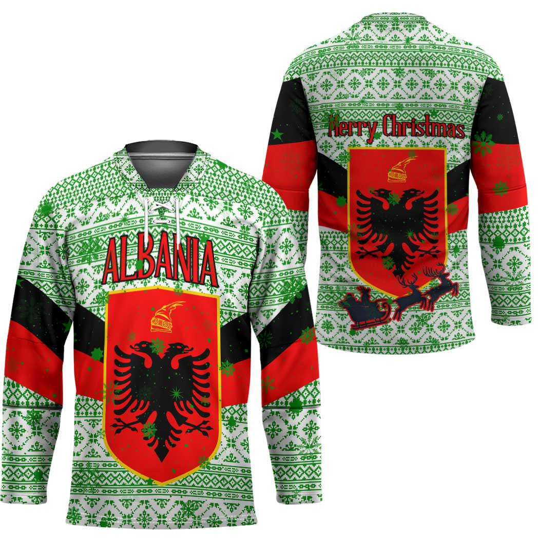 Albania Christmas Hockey Jersey with Green-Red Design, Double-Headed Eagle Emblem, and Santa Motif - Wonder Print Shop