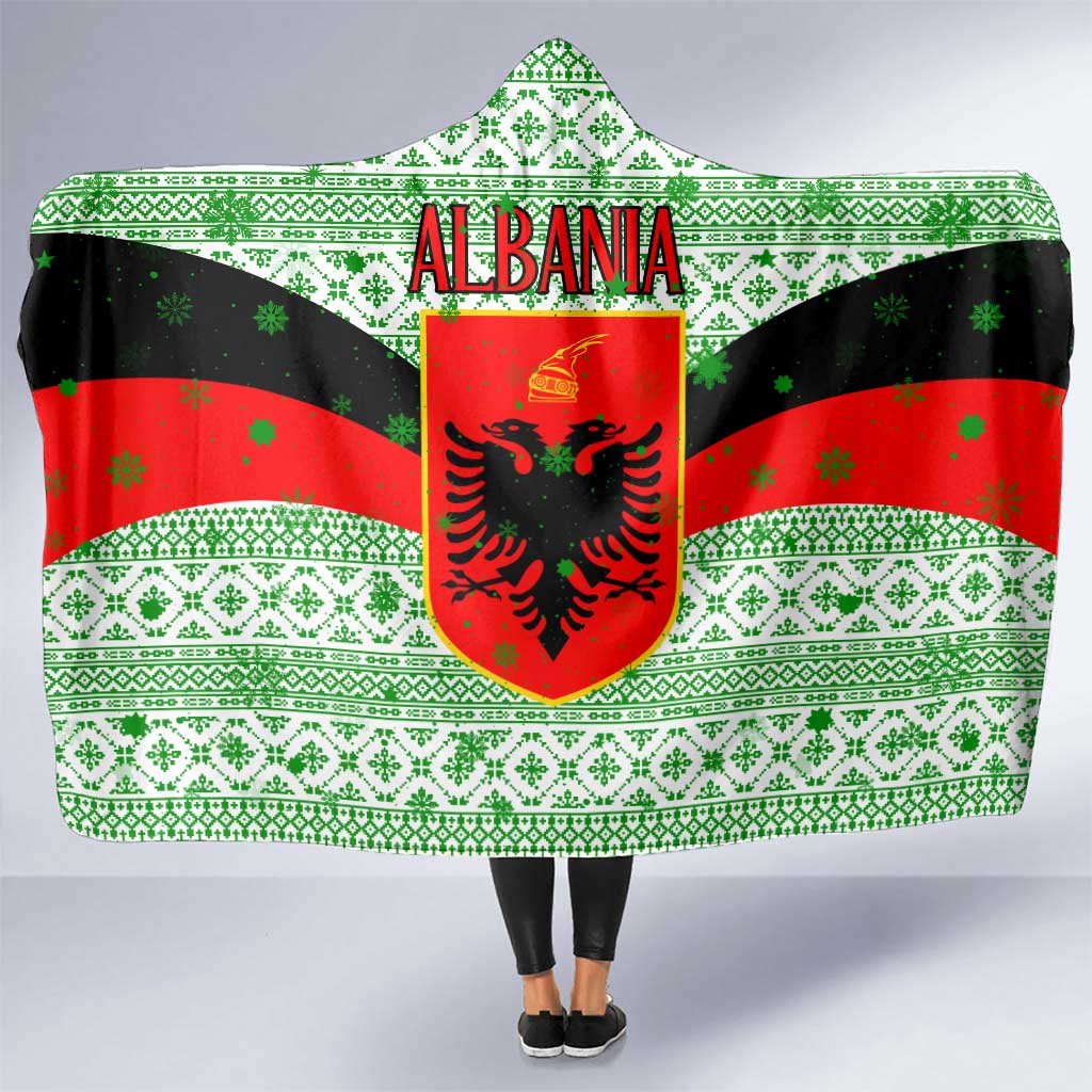 Albania Christmas Hooded Blanket with Green-Red Design, Double-Headed Eagle Emblem, and Santa Motif - Wonder Print Shop