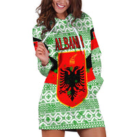 Albania Christmas Hoodie Dress with Green-Red Design, Double-Headed Eagle Emblem, and Santa Motif - Wonder Print Shop