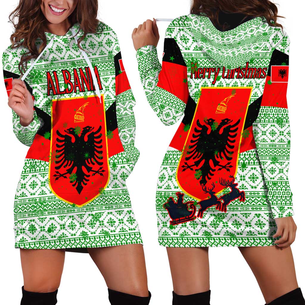 Albania Christmas Hoodie Dress with Green-Red Design, Double-Headed Eagle Emblem, and Santa Motif - Wonder Print Shop