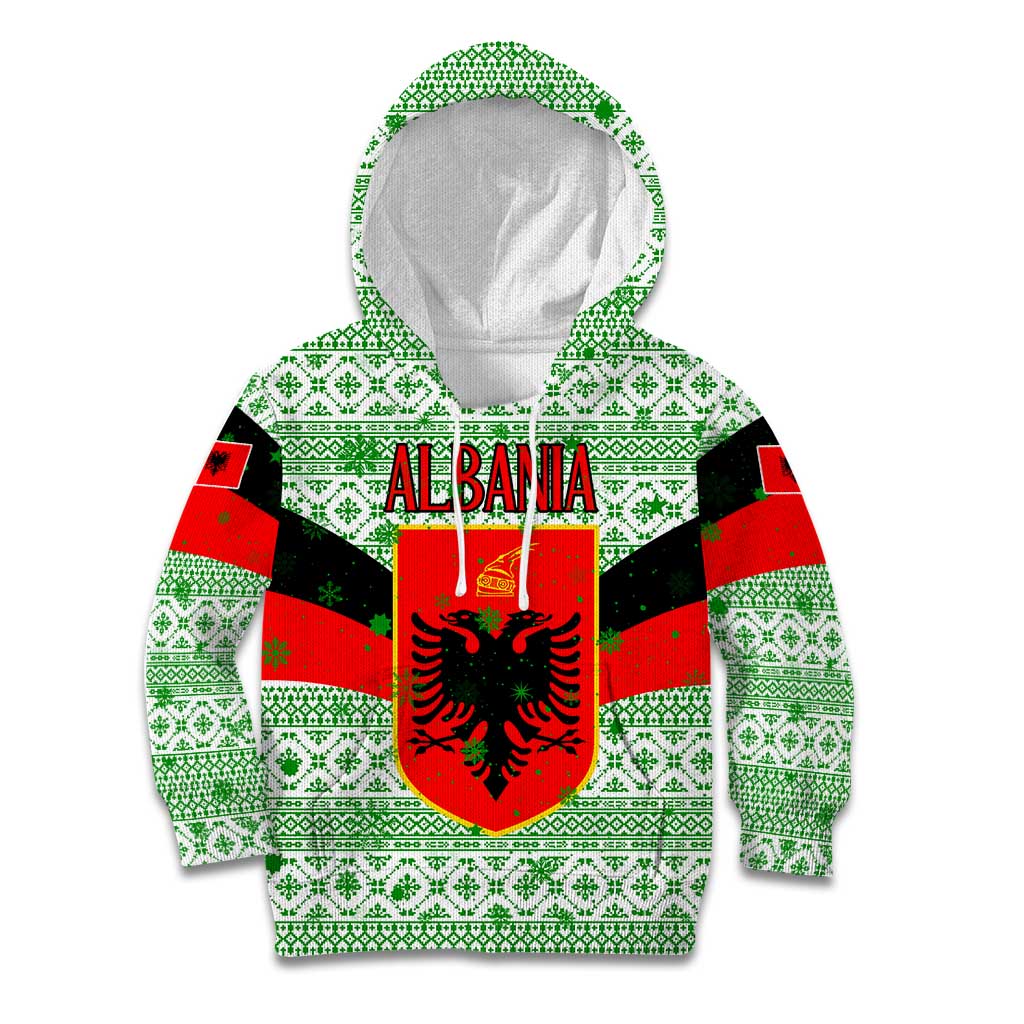 Albania Christmas Kid Hoodie with Green-Red Design, Double-Headed Eagle Emblem, and Santa Motif - Wonder Print Shop