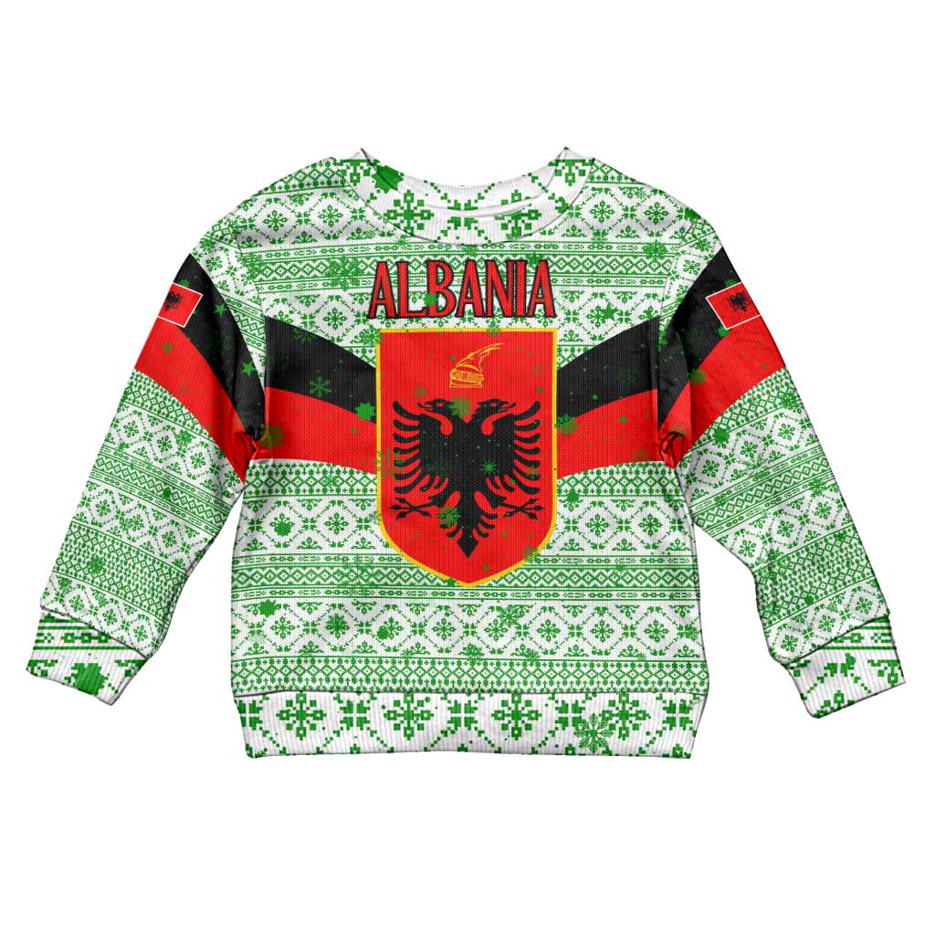Albania Christmas Kid Ugly Christmas Sweater with Green-Red Design, Double-Headed Eagle Emblem, and Santa Motif - Wonder Print Shop