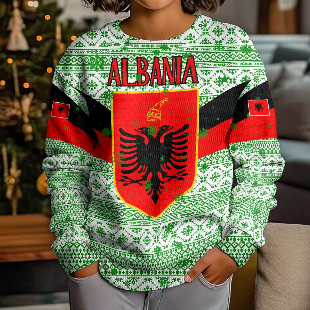 Albania Christmas Kid Ugly Christmas Sweater with Green-Red Design, Double-Headed Eagle Emblem, and Santa Motif - Wonder Print Shop