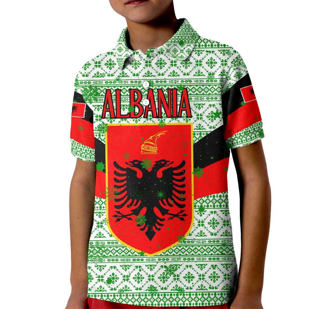 Albania Christmas Kid Polo Shirt with Green-Red Design, Double-Headed Eagle Emblem, and Santa Motif - Wonder Print Shop