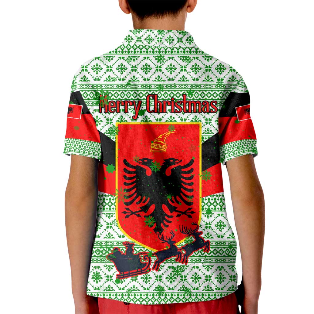 Albania Christmas Kid Polo Shirt with Green-Red Design, Double-Headed Eagle Emblem, and Santa Motif - Wonder Print Shop