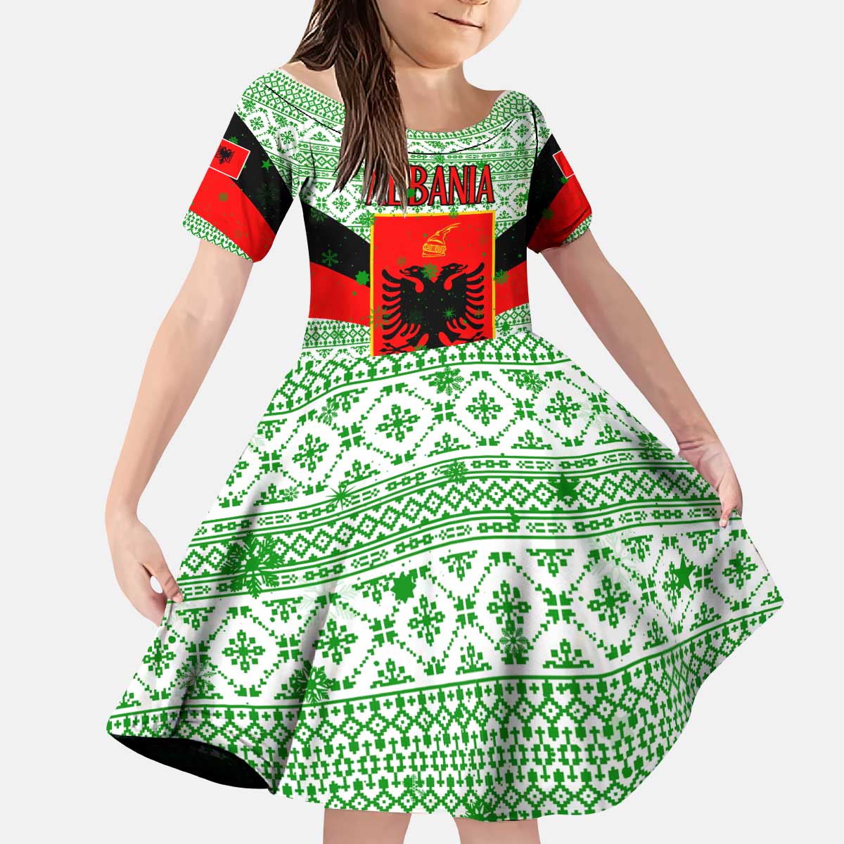 Albania Christmas Kid Short Sleeve Dress with Green-Red Design, Double-Headed Eagle Emblem, and Santa Motif - Wonder Print Shop