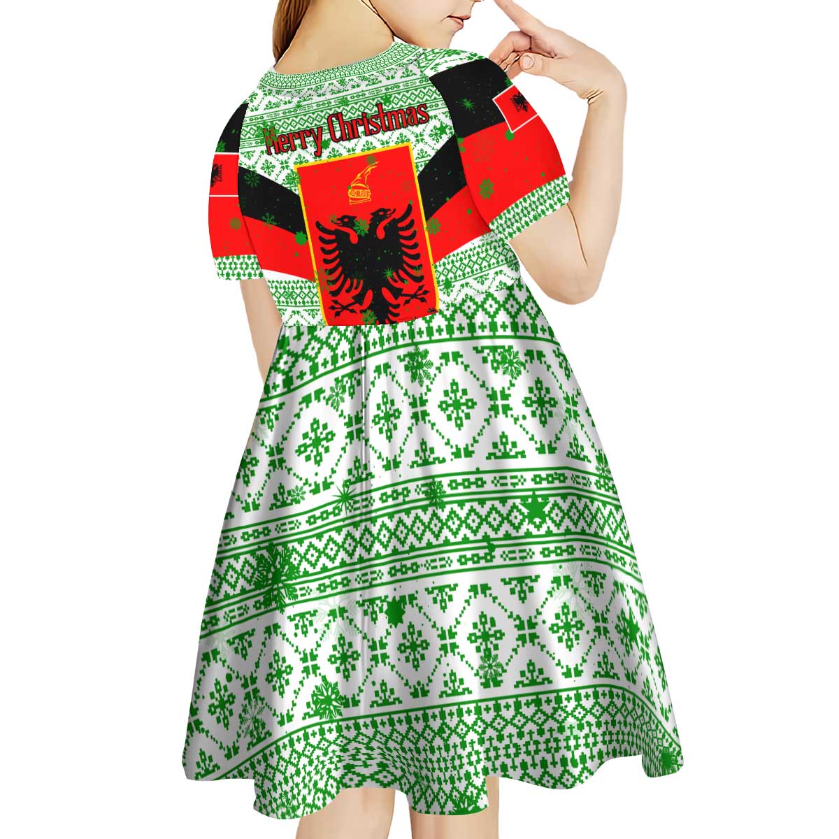 Albania Christmas Kid Short Sleeve Dress with Green-Red Design, Double-Headed Eagle Emblem, and Santa Motif - Wonder Print Shop