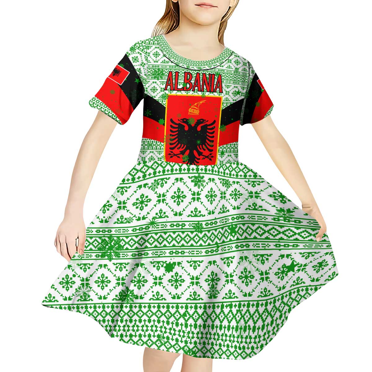 Albania Christmas Kid Short Sleeve Dress with Green-Red Design, Double-Headed Eagle Emblem, and Santa Motif - Wonder Print Shop