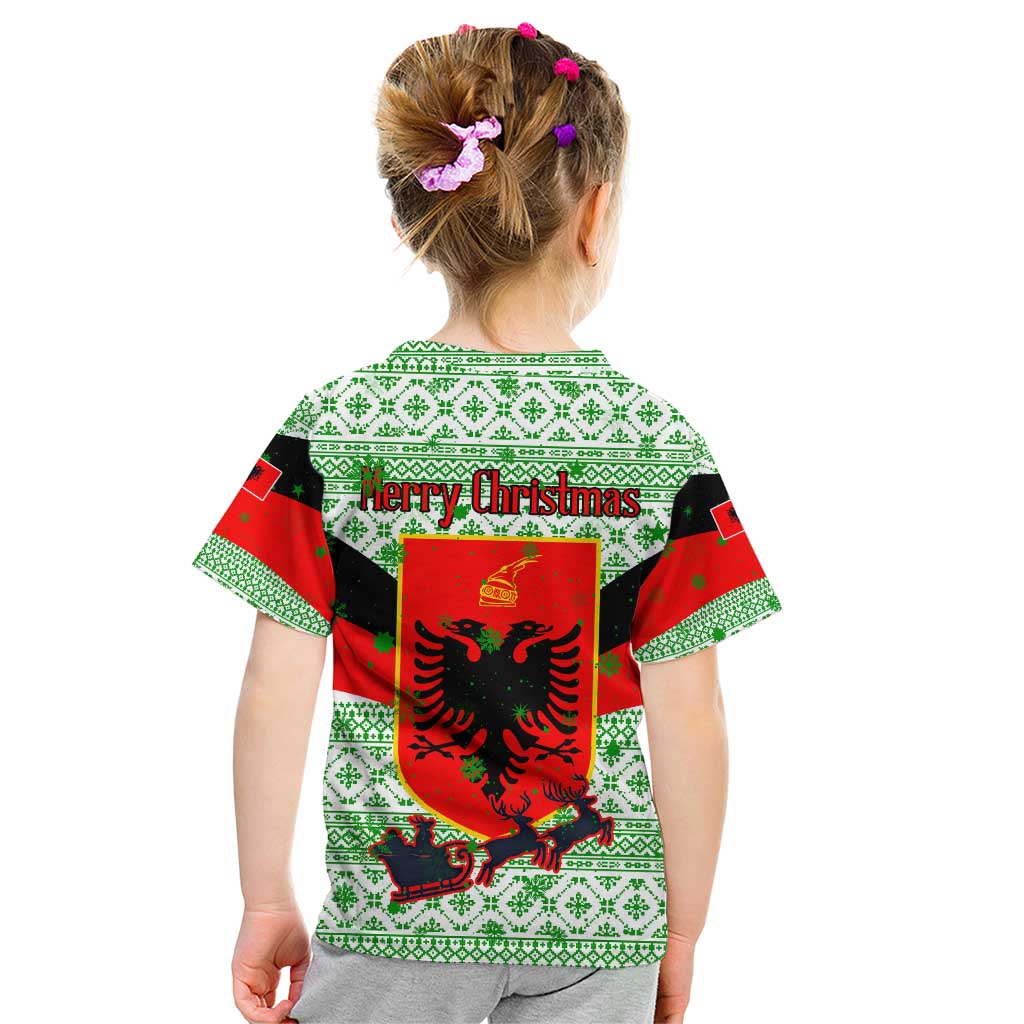 Albania Christmas Kid T Shirt with Green-Red Design, Double-Headed Eagle Emblem, and Santa Motif - Wonder Print Shop