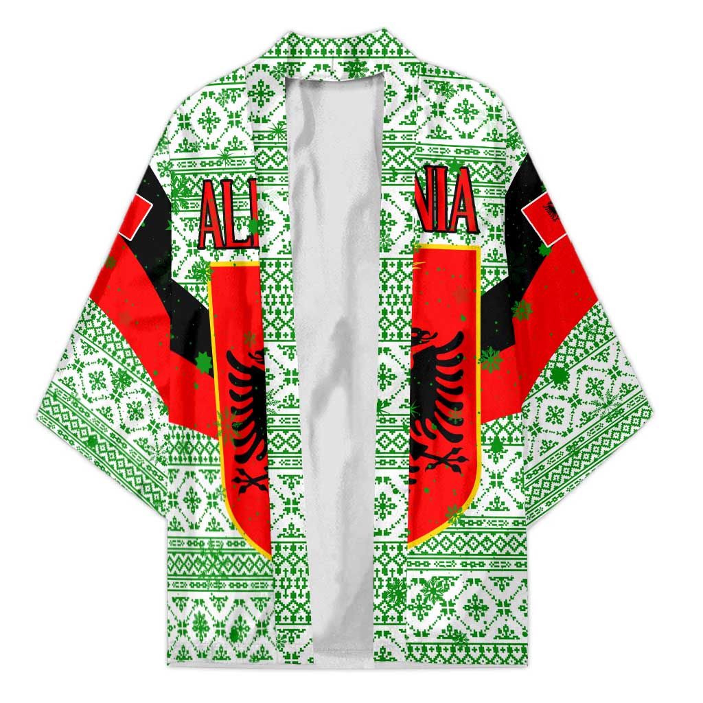 Albania Christmas Kimono with Green-Red Design, Double-Headed Eagle Emblem, and Santa Motif - Wonder Print Shop