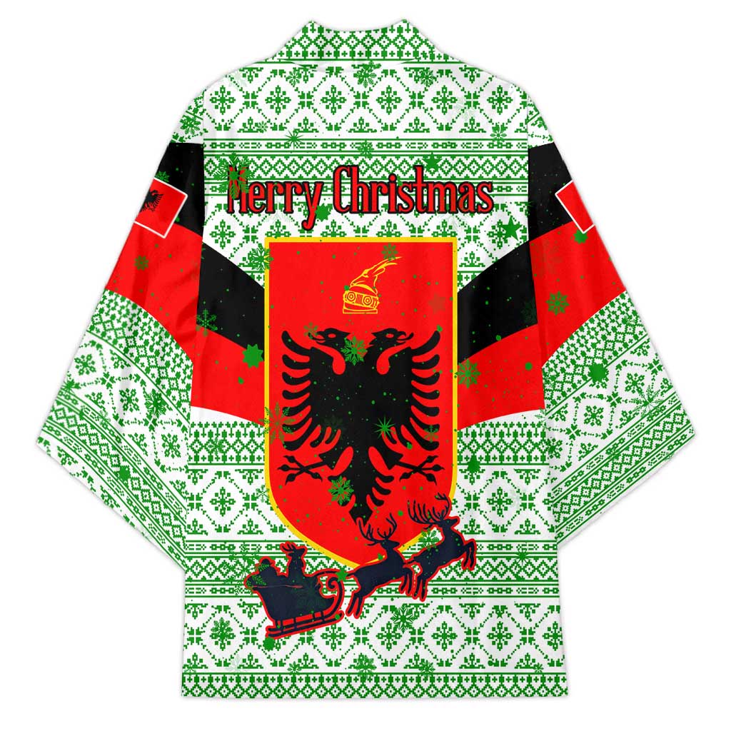 Albania Christmas Kimono with Green-Red Design, Double-Headed Eagle Emblem, and Santa Motif - Wonder Print Shop