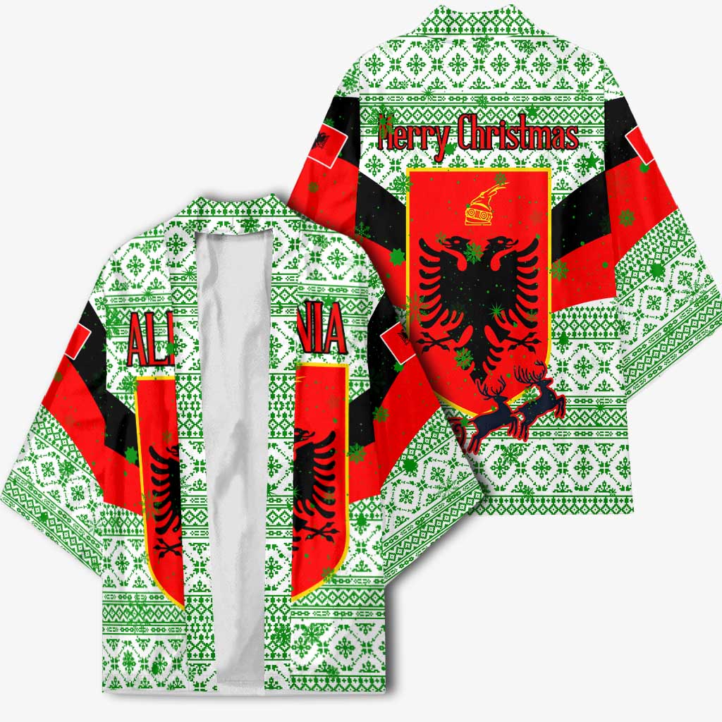 Albania Christmas Kimono with Green-Red Design, Double-Headed Eagle Emblem, and Santa Motif - Wonder Print Shop