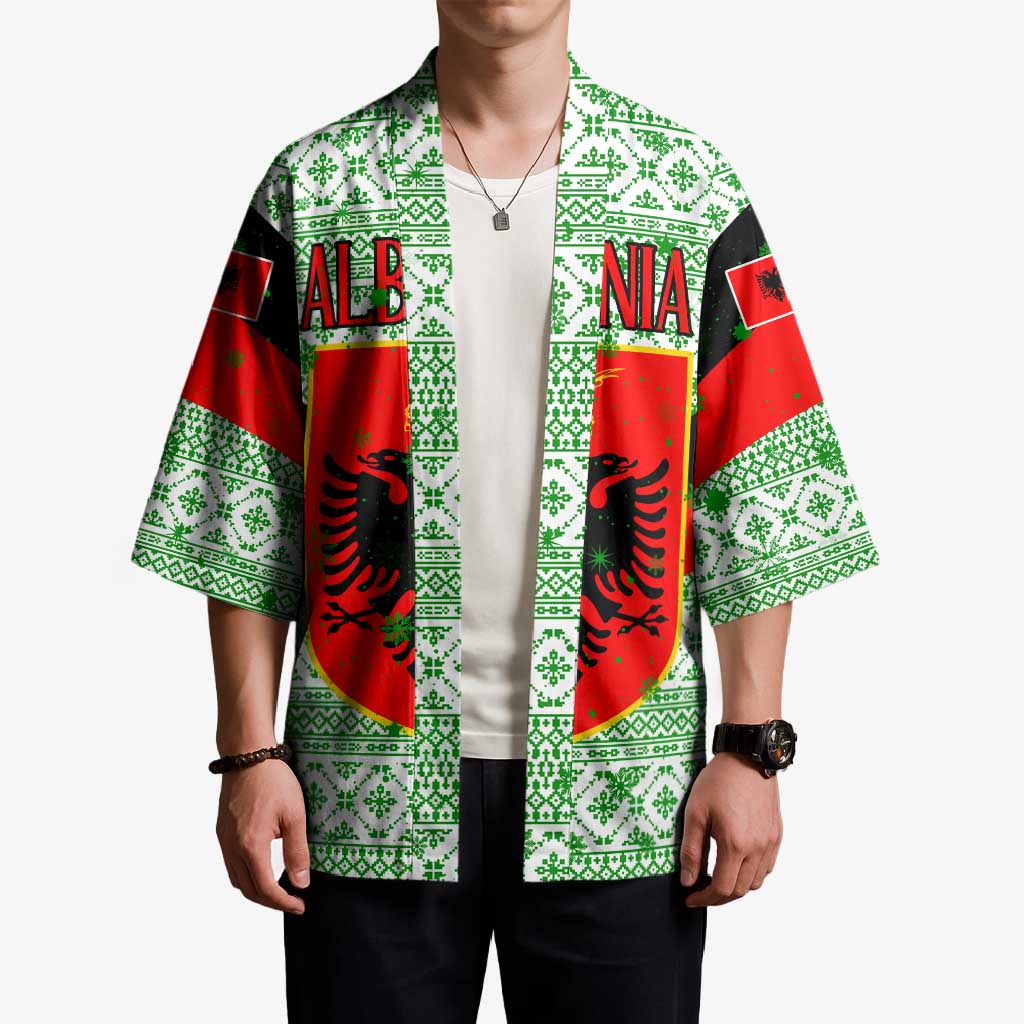 Albania Christmas Kimono with Green-Red Design, Double-Headed Eagle Emblem, and Santa Motif - Wonder Print Shop