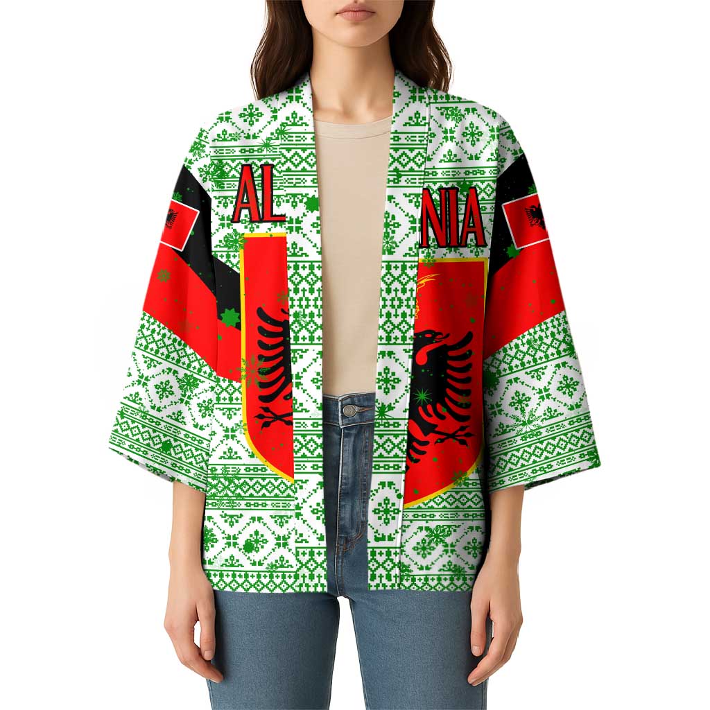 Albania Christmas Kimono with Green-Red Design, Double-Headed Eagle Emblem, and Santa Motif - Wonder Print Shop