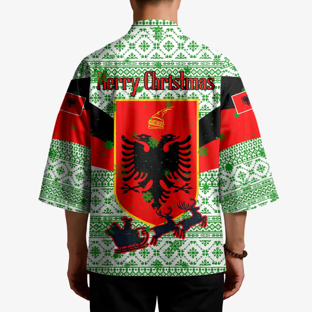 Albania Christmas Kimono with Green-Red Design, Double-Headed Eagle Emblem, and Santa Motif - Wonder Print Shop