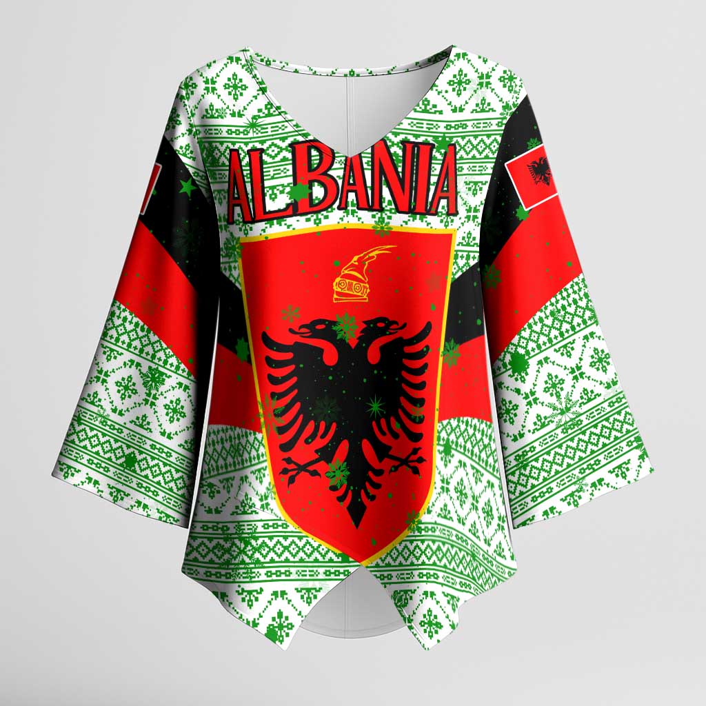 Albania Christmas Kimono Sleeve Blouse with Green-Red Design, Double-Headed Eagle Emblem, and Santa Motif - Wonder Print Shop