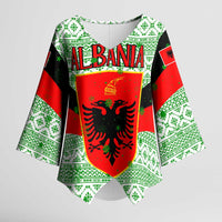 Albania Christmas Kimono Sleeve Blouse with Green-Red Design, Double-Headed Eagle Emblem, and Santa Motif - Wonder Print Shop