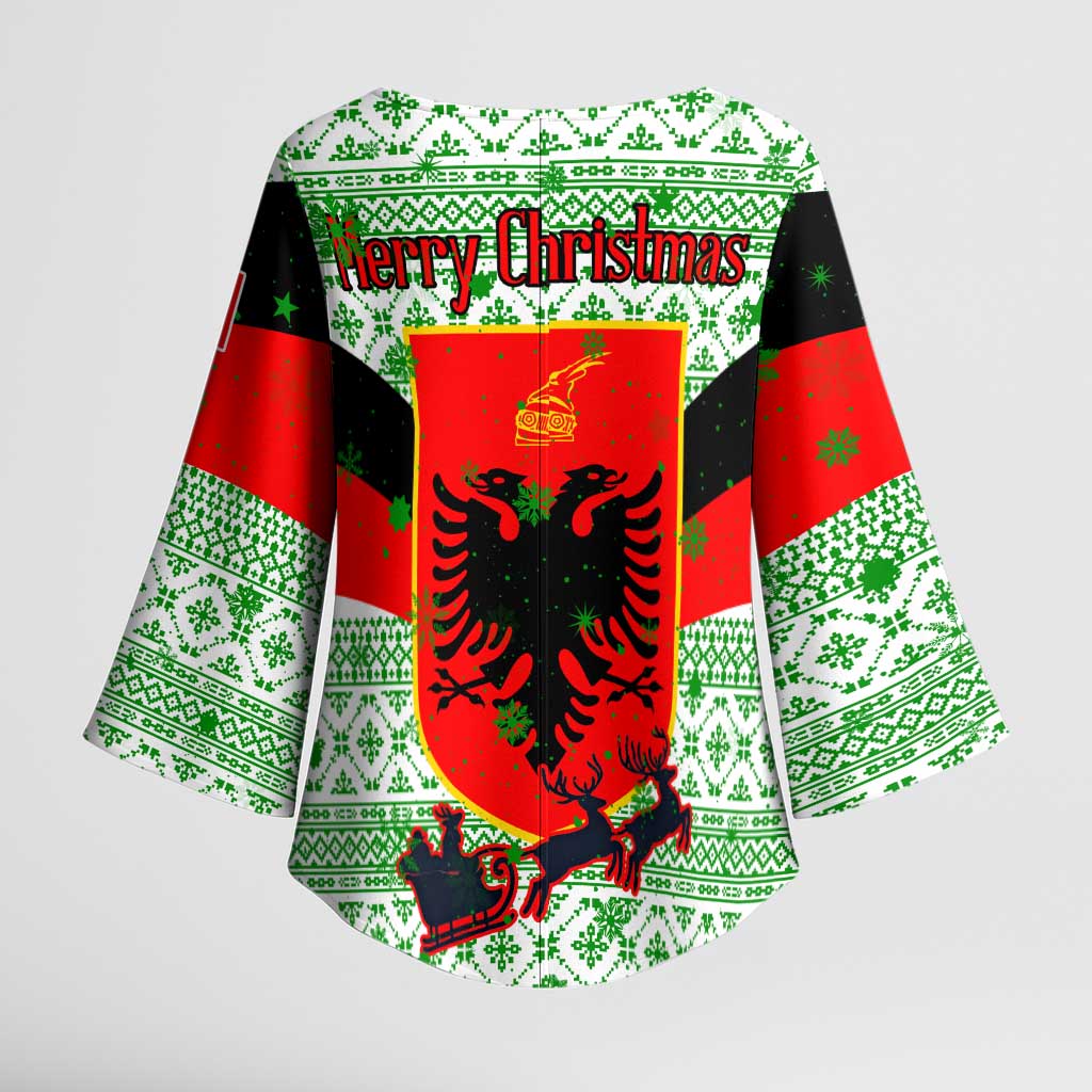 Albania Christmas Kimono Sleeve Blouse with Green-Red Design, Double-Headed Eagle Emblem, and Santa Motif - Wonder Print Shop