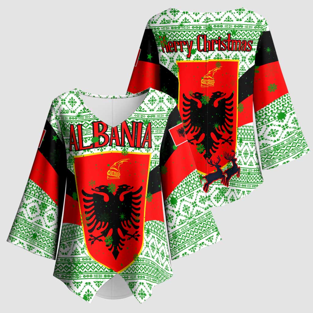 Albania Christmas Kimono Sleeve Blouse with Green-Red Design, Double-Headed Eagle Emblem, and Santa Motif - Wonder Print Shop