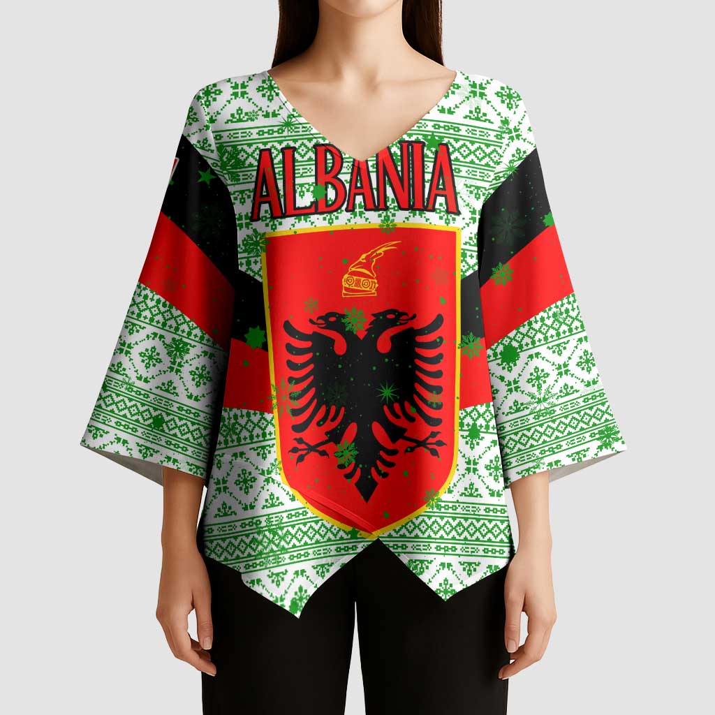 Albania Christmas Kimono Sleeve Blouse with Green-Red Design, Double-Headed Eagle Emblem, and Santa Motif - Wonder Print Shop