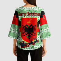 Albania Christmas Kimono Sleeve Blouse with Green-Red Design, Double-Headed Eagle Emblem, and Santa Motif - Wonder Print Shop